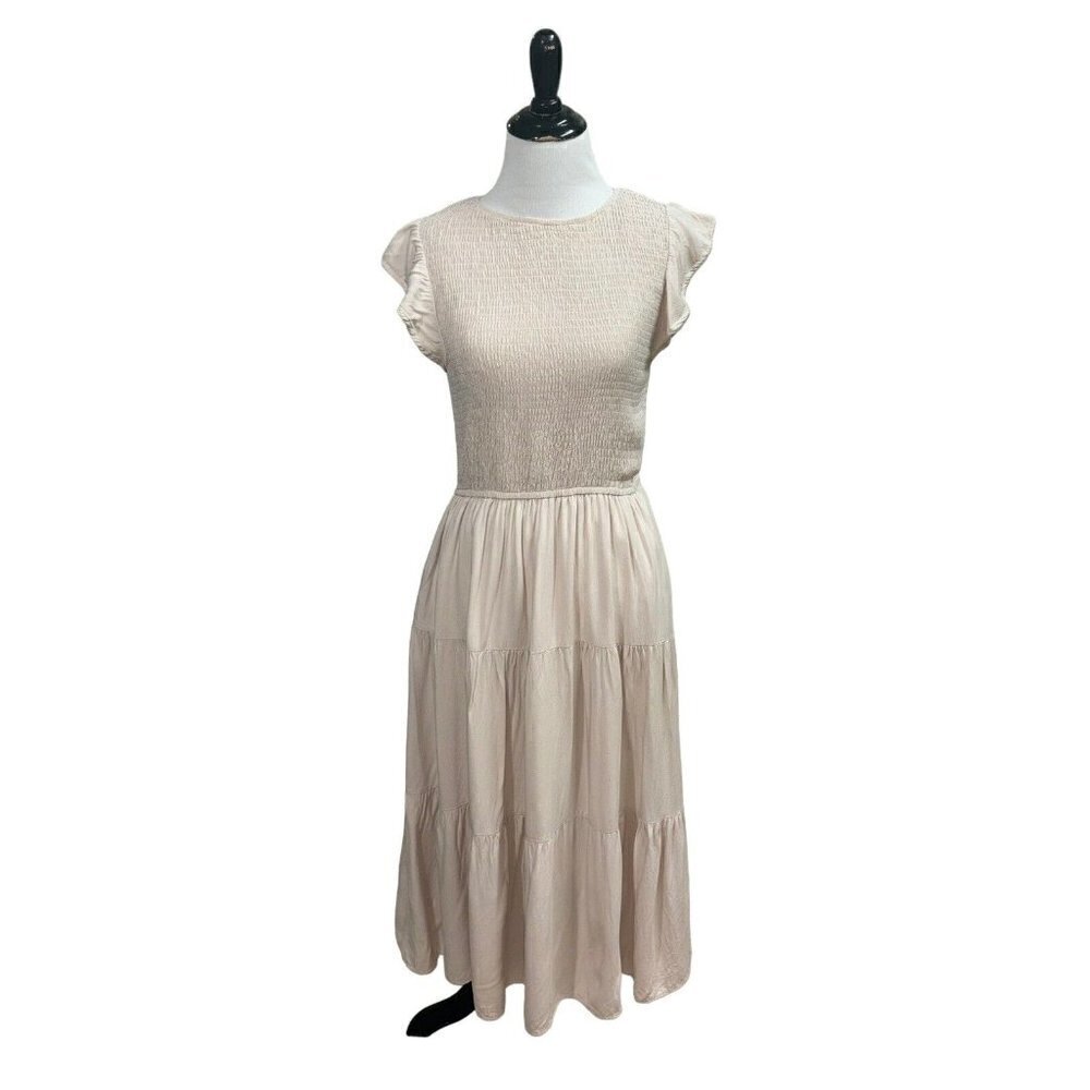 Zesica Women's S Small Peasant Midi Dress Smocked Cap Sleeves Boho Beige